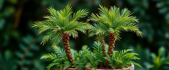 Miniature coconut palms in a pot, lush green foliage, palm, beach