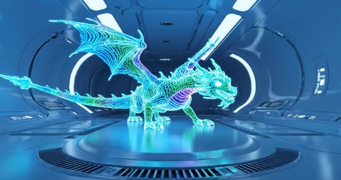 Hovering over a luminous dragon perched on a circular platform amid glowing ring lights in a futuristic cavern, captured from a low-angle perspective
