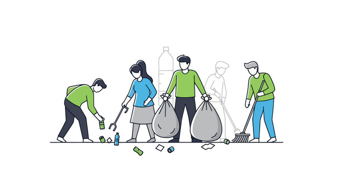 Diverse group of people actively cleaning up litter and collecting trash in bags.