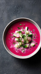 A top-down view of a vibrant beetroot soup in a bowl, garnished with fresh cucumber and herbs