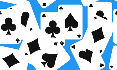 Seamless vector pattern of playing cards with spade, heart, club, and diamond suits in black on white with blue accents. Perfect for casino, poker, and gambling design use.