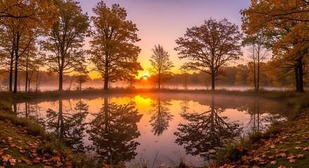 Obraz premium Autumn Sunrise Over Pond with Trees.