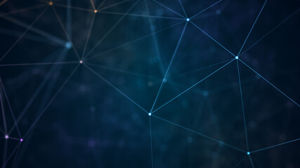 Abstract network background with glowing digital connections and blue geometric lines representing data communication and technology systems.