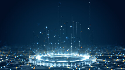 Minimal blue abstract background with interconnected glowing dots and lines creating a futuristic network design.