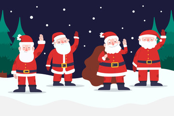 Set of funny cute Santa Claus characters with different poses, emotions, holiday situations isolated on white background.