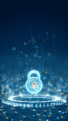 Vertical digital illustration of glowing padlock symbol above a futuristic circular platform representing cybersecurity and online data protection.