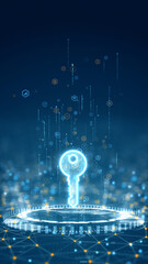 Vertical digital illustration featuring a glowing key symbol representing access, security, and encryption technology in a futuristic network design.