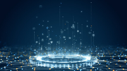 Futuristic circular interface with floating technology icons and glowing digital data in a blue abstract background.