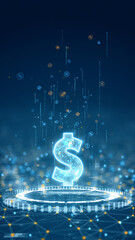 Vertical illustration of glowing dollar currency symbol floating over a futuristic circular interface with digital finance icons in blue tone.