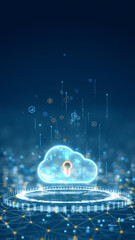 Vertical digital artwork of glowing cloud with keyhole symbol representing cloud security and data protection in a futuristic technology network.