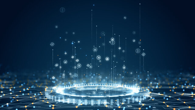Digital finance concept showing floating currency icons and futuristic glowing blue interface with technology network background.