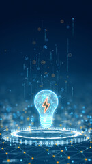 Vertical glowing light bulb with lightning symbol above a futuristic platform representing innovation, energy technology, and creative ideas.