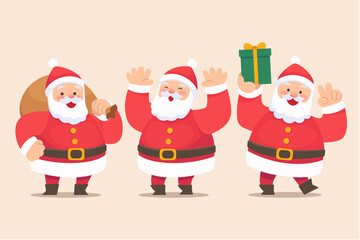Set of funny cute Santa Claus characters with different poses, emotions, holiday situations isolated on white background.