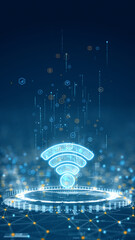 Vertical digital illustration of glowing WiFi symbol above futuristic circular interface representing wireless connection and global network communication.