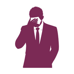 The silhouette of a man in a suit, desperately applying a handkerchief to his forehead. Plum-colored silhouette. Transparent background.