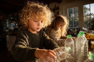 A young boy rinsing a plastic bottle at the sink while his older sister places clean recyclables into a modern recycling station, warm natural light, candid eco-friendly routine