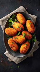 A top-down shot of eight golden-brown croquettes elegantly presented on a stylish plate with fresh parsley