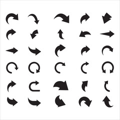This image displays a grid of 30 black arrow icons on a white background. The arrows vary in direction, curvature, and style, including curved, straight, and U-shaped designs, offering a comprehensive