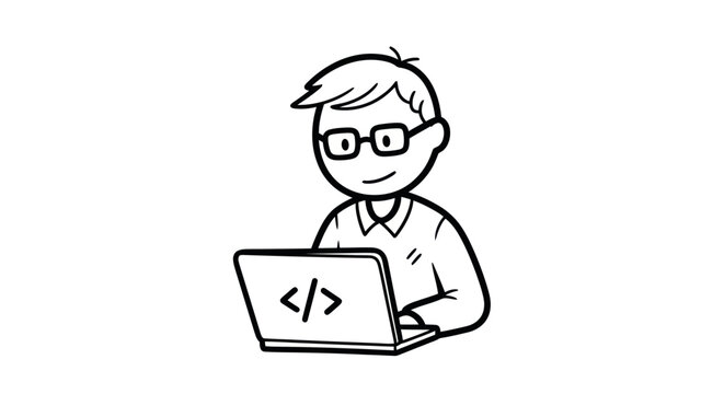 Cartoon programmer with glasses working on a laptop computer.