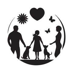 Silhouette of a loving family with two dogs under a heart and sun