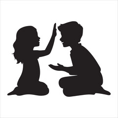 This is a black and white silhouette image of two children, a boy and a girl, kneeling and facing each other. The girl, on the left, has long hair and is reaching up to give the boy a high-five. 