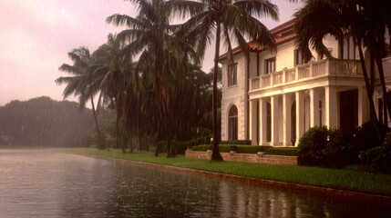 Fototapeta premium Luxurious Florida waterfront mansion with palm trees in heavy rain under dark yellow clouded sky, vintage 1970s film aesthetic with nostalgic mood, white stucco facade with red tiled roof