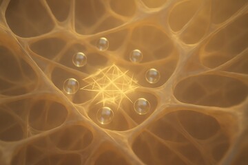 Abstract network with luminous orbs and glowing core creates a sense of connectivity and innovation for science or technology projects