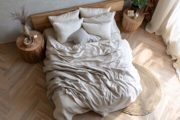 Cozy bedroom with neutral bedding and wooden decor in natural sunlight