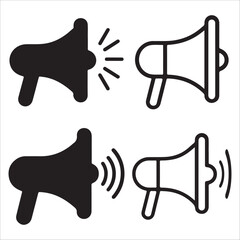 This image displays four icons of megaphones. Two are solid black, and two are outlined. One of each style shows radiating lines emanating from the bell, symbolizing sound or broadcasting. 