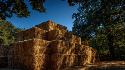 Obraz premium Stacked hay bales in natural outdoor setting under clear blue sky