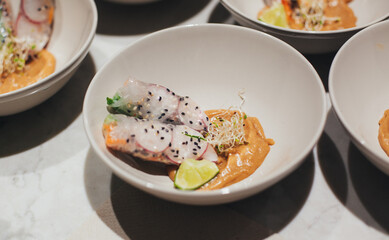 Asian rolls with sauces on a plate
