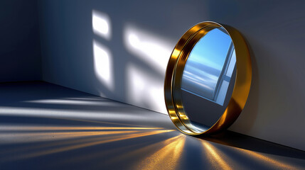 Round gold mirror reflecting sunlight in a minimal setting