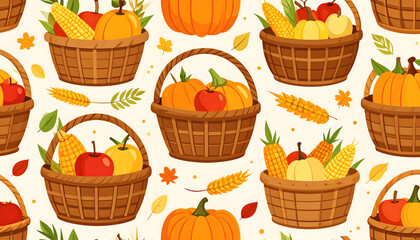 Thanksgiving harvest baskets filled with pumpkins, apples, and corn, arranged on a seamless pattern.