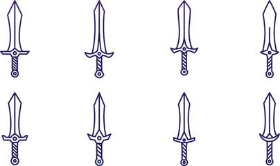 Collection of eight different medieval style swords in a simple outline
