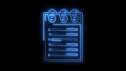 Neon notebook with to do list animation on black background glowing effect