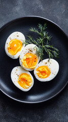 Delicious soft boiled eggs with sprigs of dill, on a black plate.