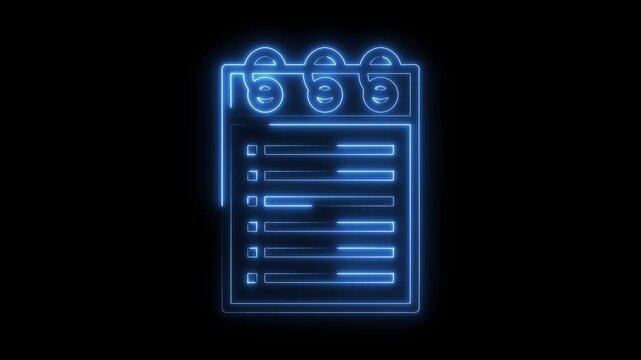 Neon notebook with to do list animation on black background glowing effect