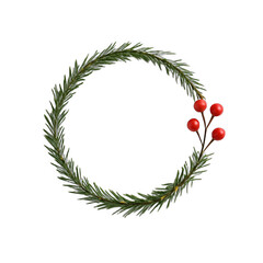 Circular Holiday Wreath with Green Pine Needles and Red Berries on a Transparent Background