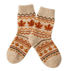 Cozy Knitted Socks with Autumn Leaf Patterns in Warm Beige and Orange Tones
