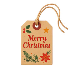 Decorative Merry Christmas Gift Tag with Floral Design and Rustic String on Transparent Background
