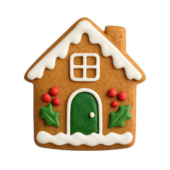 Decoratively Iced Gingerbread House Cookie with Colorful Elements on Transparent Background