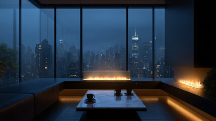 Modern luxury penthouse living room at midnight with glowing fireplace and New York City skyline view, moody atmospheric interior with floor-to-ceiling windows, elegant coffee cups on marble table