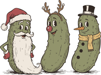 Funny Christmas Pickles – Santa Pickle, Reindeer Pickle, and Snowman Pickle in Festive Costumes for Holiday Humor Lovers and Seasonal Sublimation Designs