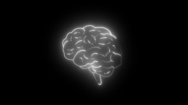 Glowing white outline of a human brain on a black background head mind