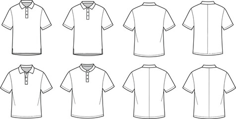 Naklejka premium Technical illustrations of white polo shirts and t shirts front and back views