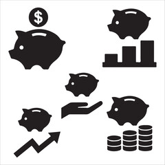This image displays a collection of black and white icons related to finance and savings. It features piggy banks with dollar signs, a hand holding a piggy bank, stacks of coins, a bar graph, 