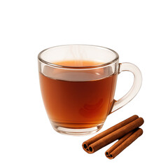 Transparent Glass Cup of Hot Tea with Cinnamon Sticks on a Dark Background