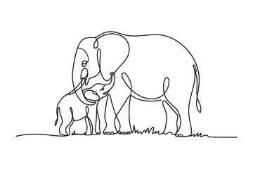 a continuous line drawing of a mother elephant and her calf standing on grass