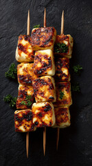 Grilled Halloumi cheese skewers, beautifully presented on a dark surface. They appear golden brown, cooked to perfection