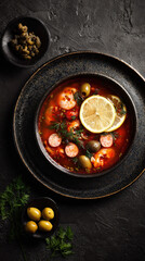 A top-down view captures the essence of a delicious, freshly prepared tomato-based soup with lemon slices, olives, and dill